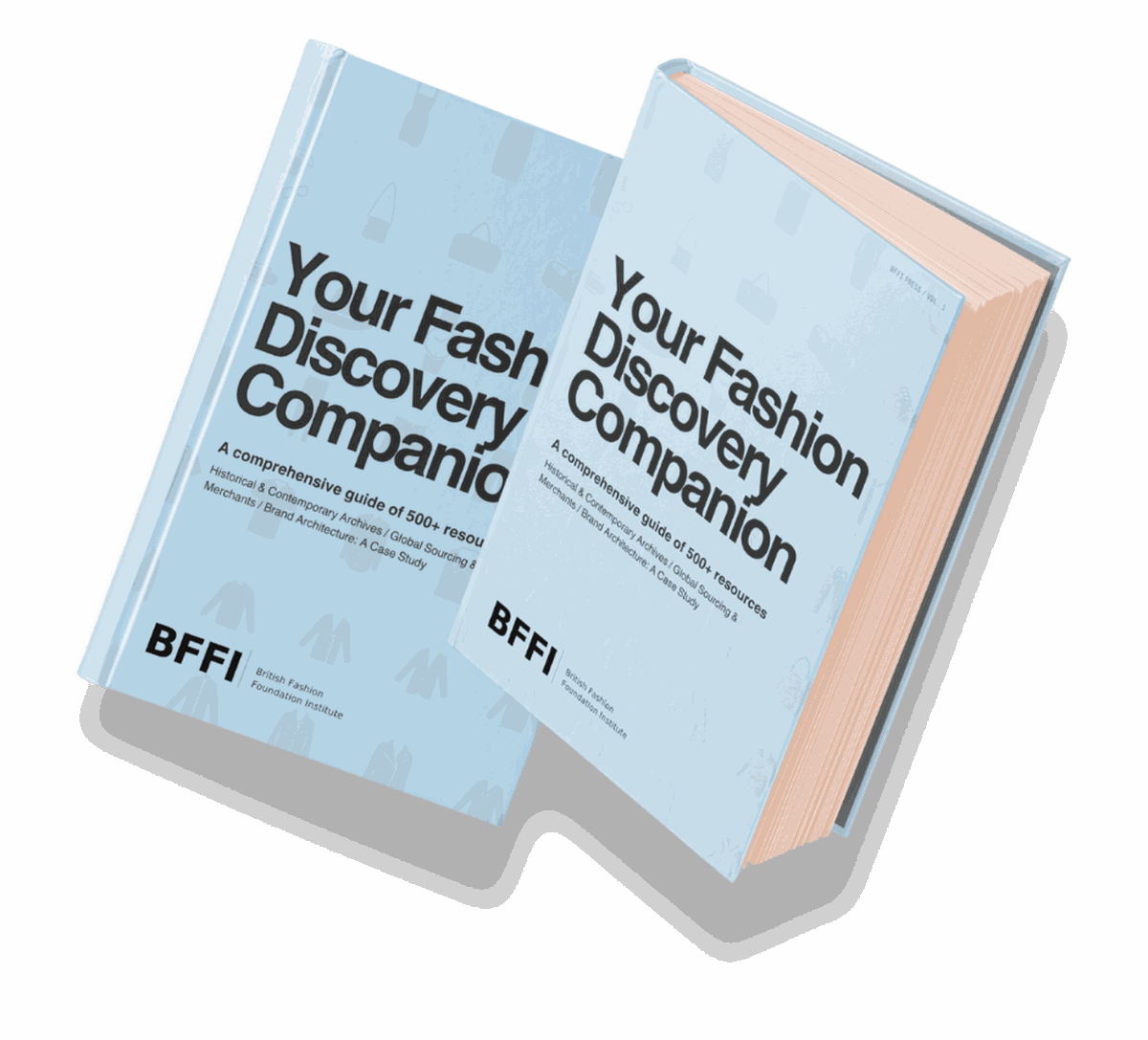 The Fashion Discovery Companion: two hardcover books in ice blue with the BFFI mark, titled 'Your Fashion Discovery Companion, a comprehensive guide of 500+ resources'